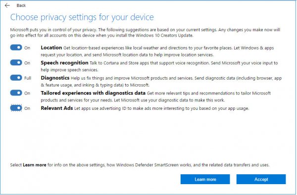 Privatnost u Windowsima 10 sa svim postavkama na 'uključeno'