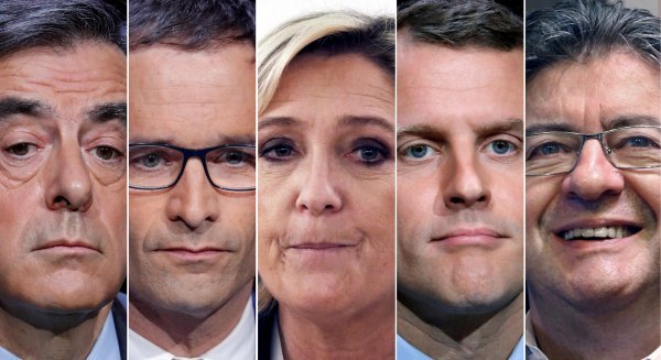 Francois Fillon, Benoit Hamon, Marine Le Pen, Emmanuel Macron, Jean-Luc Melenchon