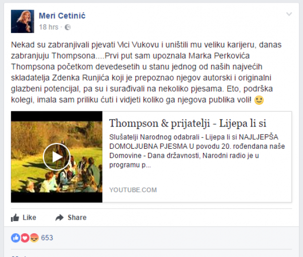 Meri Cetinić oglasila se putem Facebooka