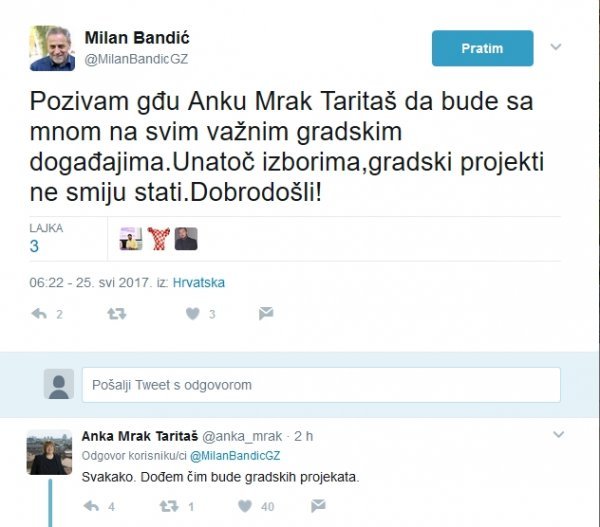 Twiiter prepiska Milana Bandića i Anke Mrak Taritaš