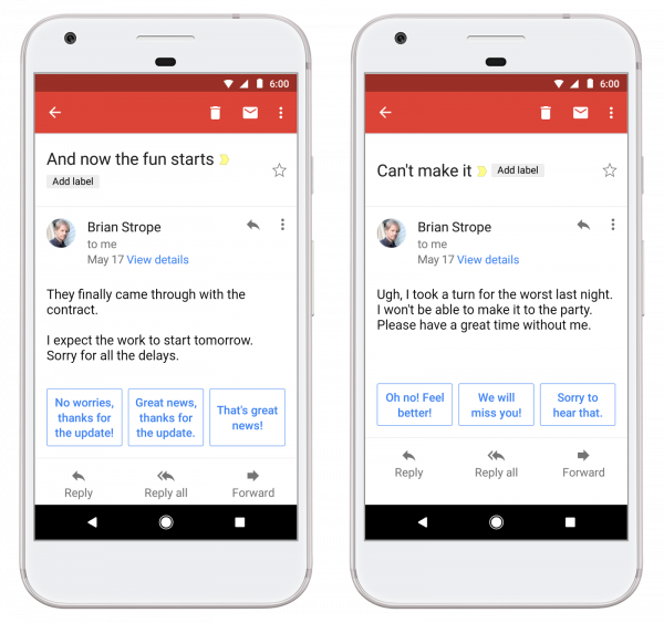 Koliko je pametan Smart Reply svjedoči i Googleov primjer različitih odgovora za dva maila istoj osobi