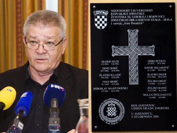 Ivan Friščić, predsjednik Udruge dragovoljaca HOS-a Grada Zagreba / HOS-ova ploča u Jasenovcu