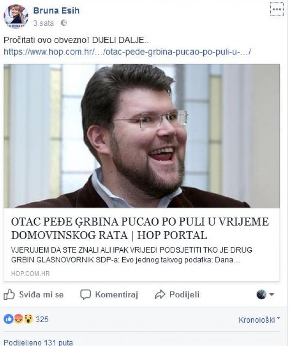 Post o Peđi Grbinu koji je dijelila Bruna Esih