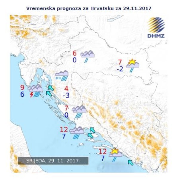 Vremenska prognoza za Hrvatsku za 29. studenoga 2017.