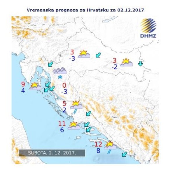 Vremenska prognoza za Hrvatsku za 2. prosinca 2017.