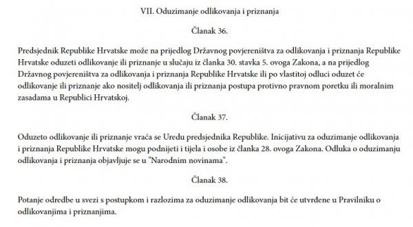 Odredbe Zakon o odlikovanjima koje definiraju oduzimanje odlikovanja