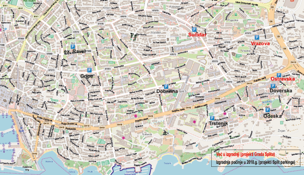 Karta s novim garažama u Splitu; crvenom su označene garaže koje gradi Grad Split