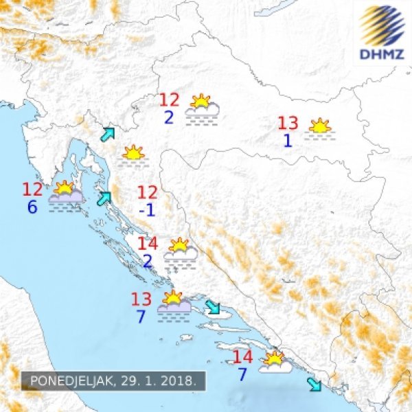 Vremenska prognoza za ponedjeljak