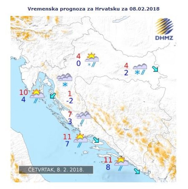 Vremenska prognoza za Hrvatsku za 8. veljače 2018.