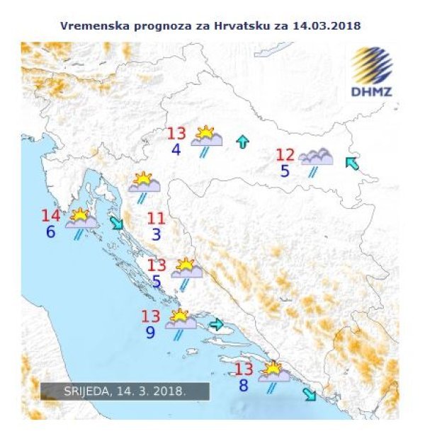 Vremenska prognoza za Hrvatsku za 14. ožujka 2018.