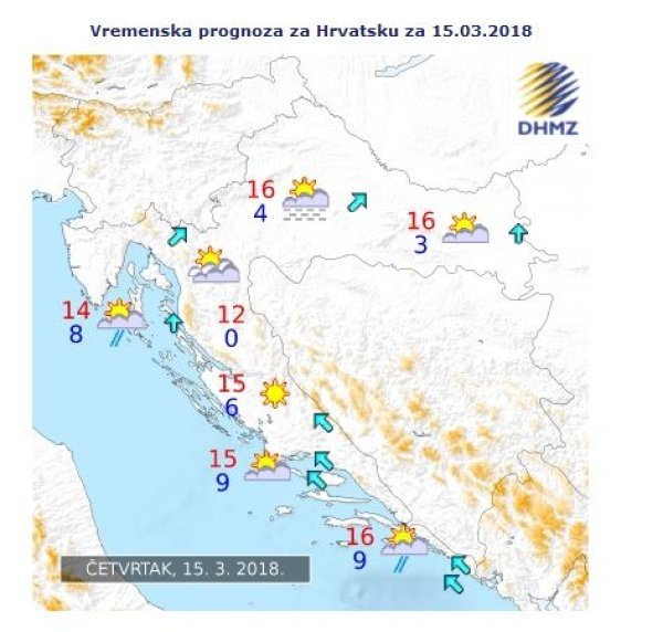 Vremenska prognoza za Hrvatsku za 15. ožujka 2018.