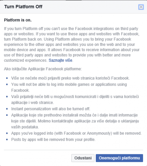 Facebook privatnost aplikacije