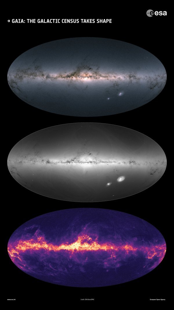 Mape zorno prikazuju svjetlinu i boju zvijezda (gore), njihovu gustoću (sredina) i međuzvjezdanu prašinu koja ispunjava galaksiju (dno).