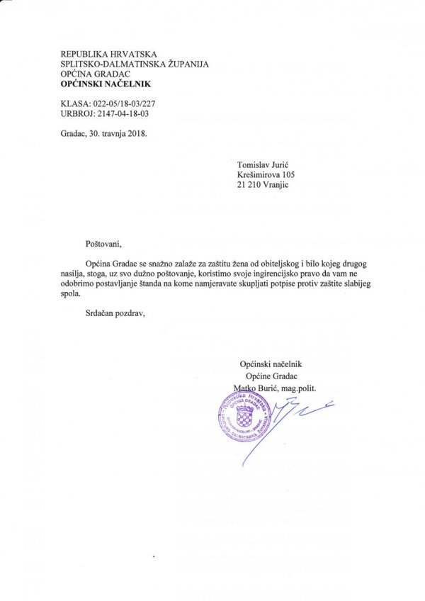 Dopis načelnika inicijativi Istina o Istanbulskoj konvenciji