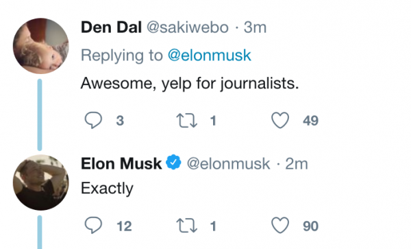 Nakon što je korisnik komentirao 'Zvuči kao Yelp, samo za novinare'. Musk je odgovorio 'Upravo tako!'