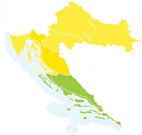 Žuti meteoalarm zbog obilnih kiša s grmljavinom izdan je za kopnenu Hrvatsku i sjeverni Jadran