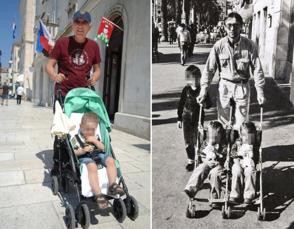 Poznati splitski fotoreporter Feđa Klarić snimio je ove dvije fotografije u razmaku od 30 godina. Olivera je snimio kako gura kolica sa sinovima Damirom i Davorom, uz koje korača tri godine stariji Dino, a onda je pjevača snimio kako na istom mjestu u kolicima vozi unuka Duju