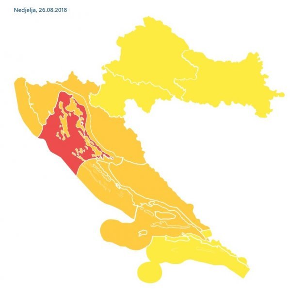 Žuto: vrijeme je potencijalno opasno; narančasto: opasno; crveno: izuzetno opasno