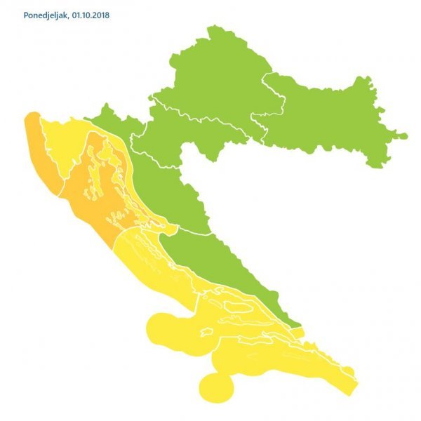 Za cijeli Jadran je izdan žuti meteoalarm zbog potencijalno opasnog vjetra i grmljavinskog nevremena