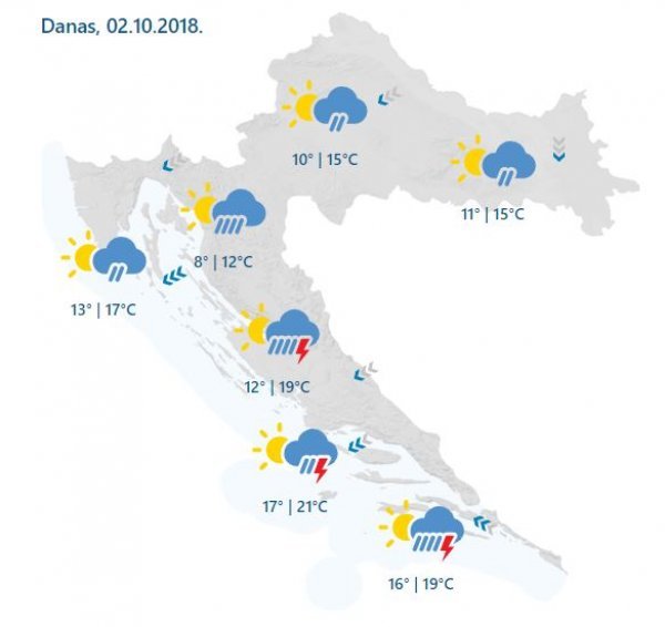 Vremenska prognoza za utorak, 2. listopada