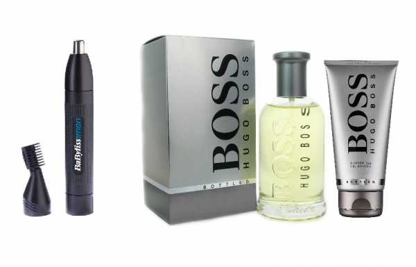 ZA NJEGA - BaByliss uređaj za šišanje dlaka u nosu, ušima i na obrvama; mall.hr (lijevo), Hugo Boss No.6 Bottled - EDT 100 ml + gel za tuširanje 100 ml; mall.hr (desno)