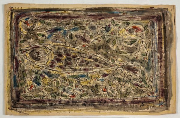 Riba na apstraktnoj podlozi, oko 1948., akvarel na papiru 30 x 48 cm, Zbirka obitelji Diament