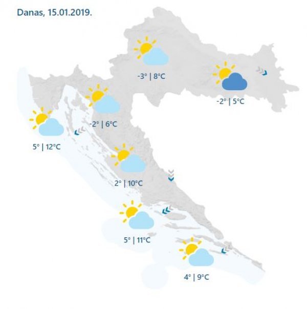 Vremenska prognoza za utorak, 15. siječnja