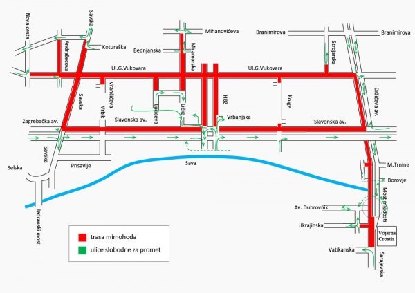 Karta s ulicama zabranjenim za promet za vrijeme mimohoda. Na MUP-ovoj karti navedene su i ulice kojima će se moći prometovati  