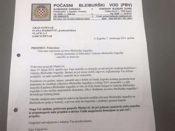 Dopis Počasnog bleiburškog voda gradonačelnici Supetra