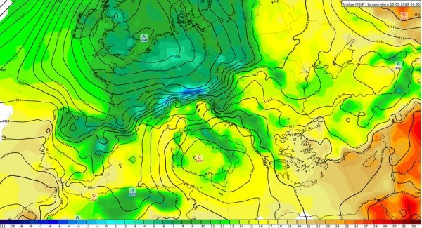 Analiza prizemnog tlaka zraka (MSLP) i temperature na dva metra, 13. 5. 2019. u 6 UTC